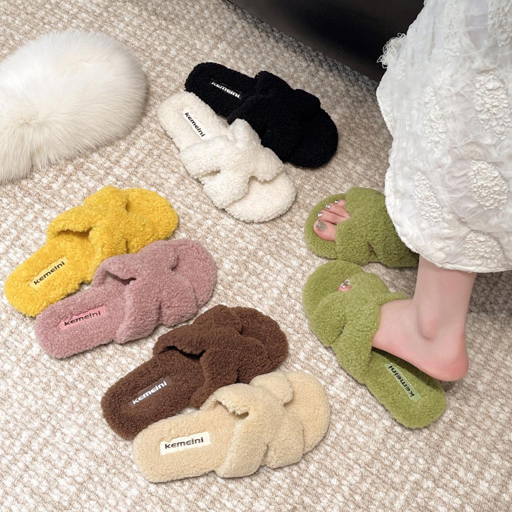 Flat-bottomed fluffy slippers for women's outer wear 2025 new autumn and winter thick-bottomed indoor home soft-bottomed fluffy cotton slippers