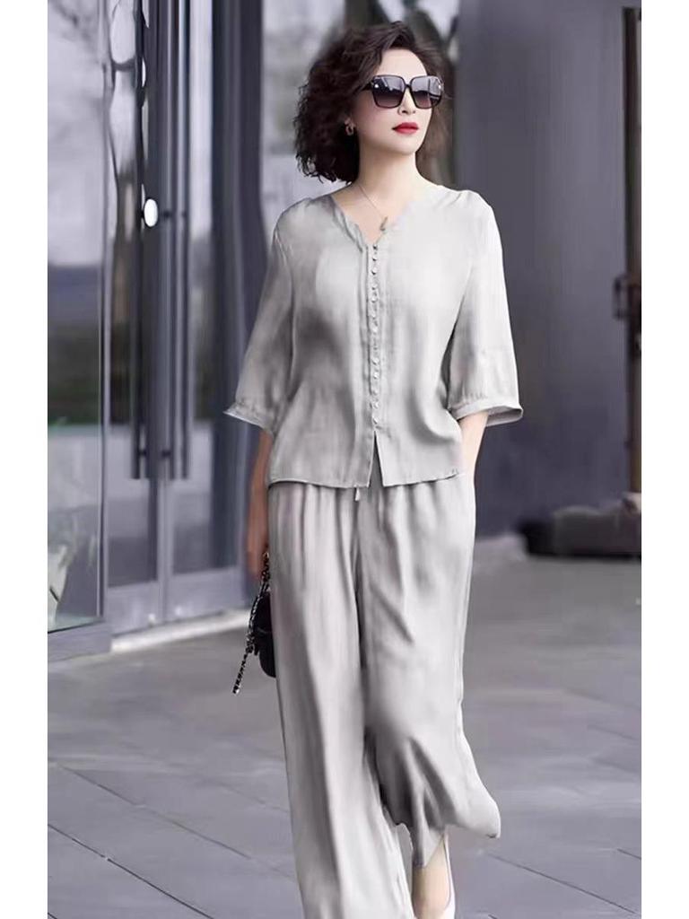 2025 Women's Retro Fashion Casual Two-Piece Set: Top & Wide-Leg Pants