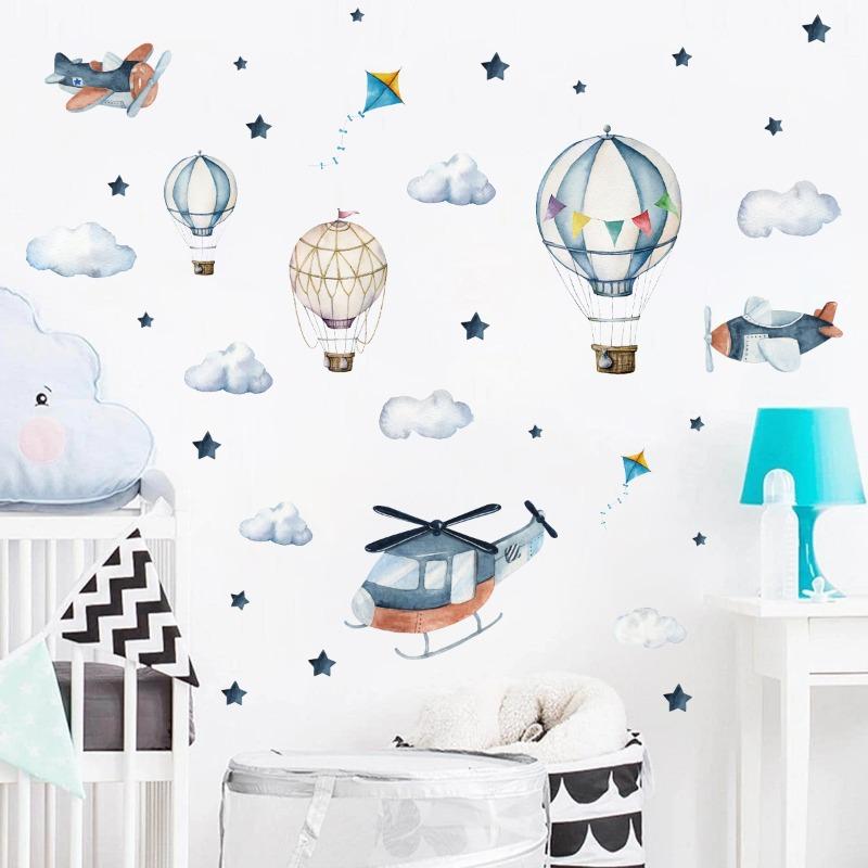 Cartoon Airplanes Hot Air Balloon Clouds Wall Stickers for Children's Room Kids Room Baby Boy Room Wall Decals Nursery Stickers