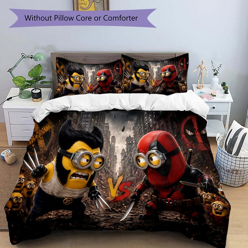 Minion Style Superhero Battle Printed 3pcs Bedding Set Soft Microfiber 1 Duvet Cover And 2 Pillowcases Home Bedroom Decor Xmas Gift Q1418