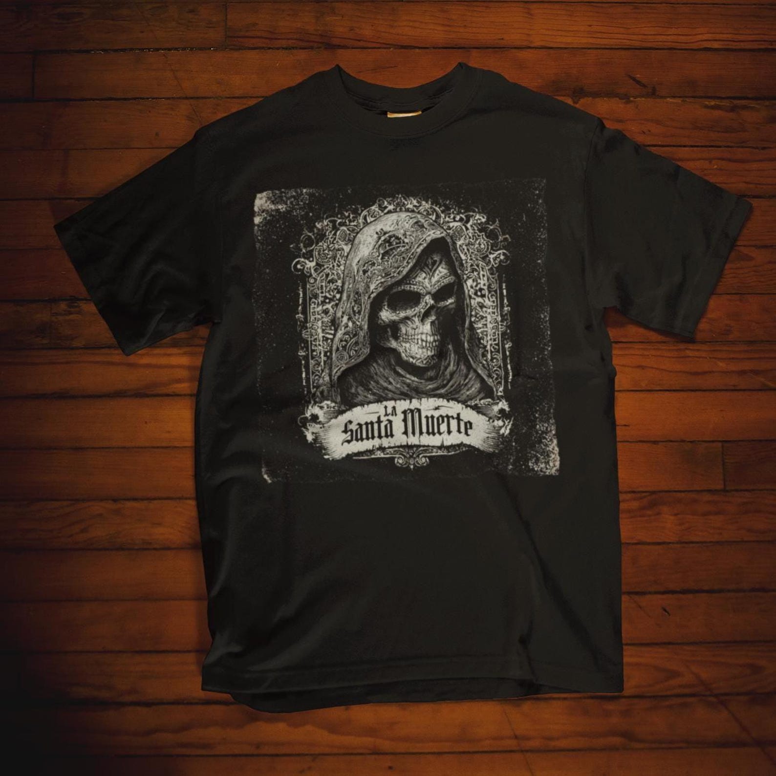 Santa Muerte Gothic T-Shirt: Grim Reaper Shirt, Dia de los Muertos Tee, Mexican Folk Art Skull Top XL