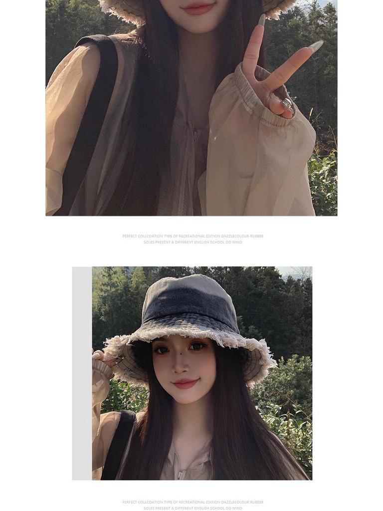Japanese Retro Women's Denim Fisherman Bucket Hat, Distressed Sunshade for Larger Head, Face Slimming Sun Protection.