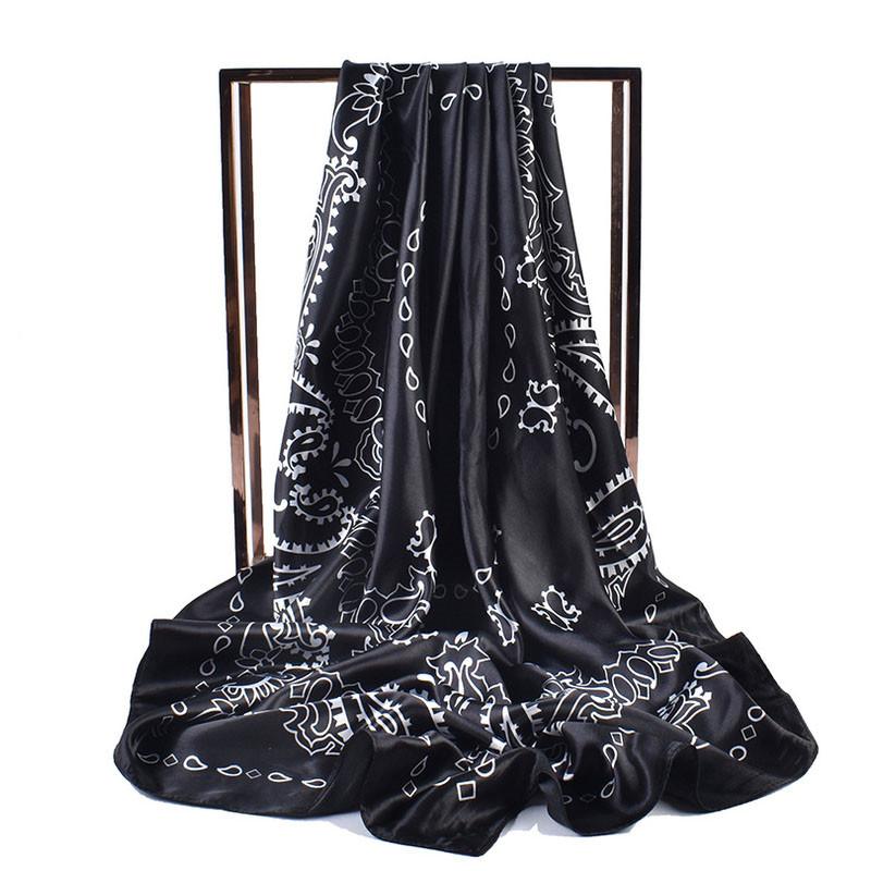 90cm Floral Print Silk Square Scarf Women Soft Satin Kerchief Hairband Neckerchief Head Hijab Lady Headband Foulard Bag Ribbon