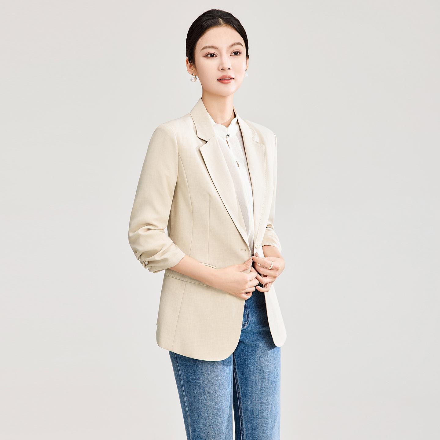 

High-Intelligence Waist-Cinched Pearl Button Pleated 3/4 Sleeve Women s Spring Suit Jacket XL