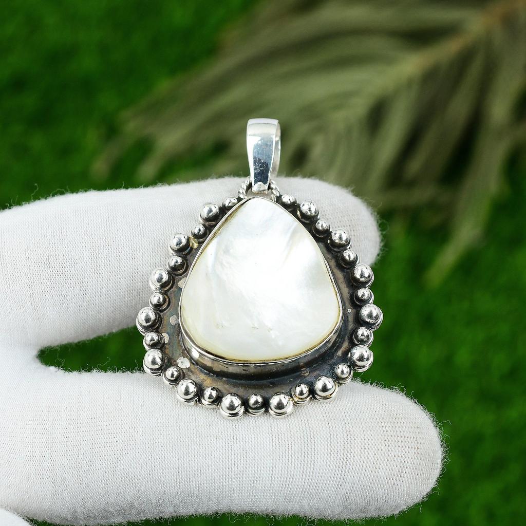 Mother Of Pearl Gemstone Sterling Silver Bezel June Birth Art Deco New Pendant