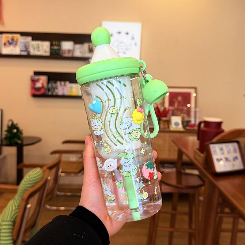 Water bottle new cute float plastic water cup student high value with rope straw cup dopamine summer sports water cup