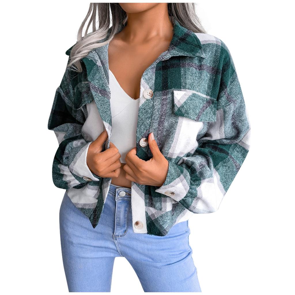 Women's  And Winter  Long-sleeved Woolen Casual Plaid Coat Jacket