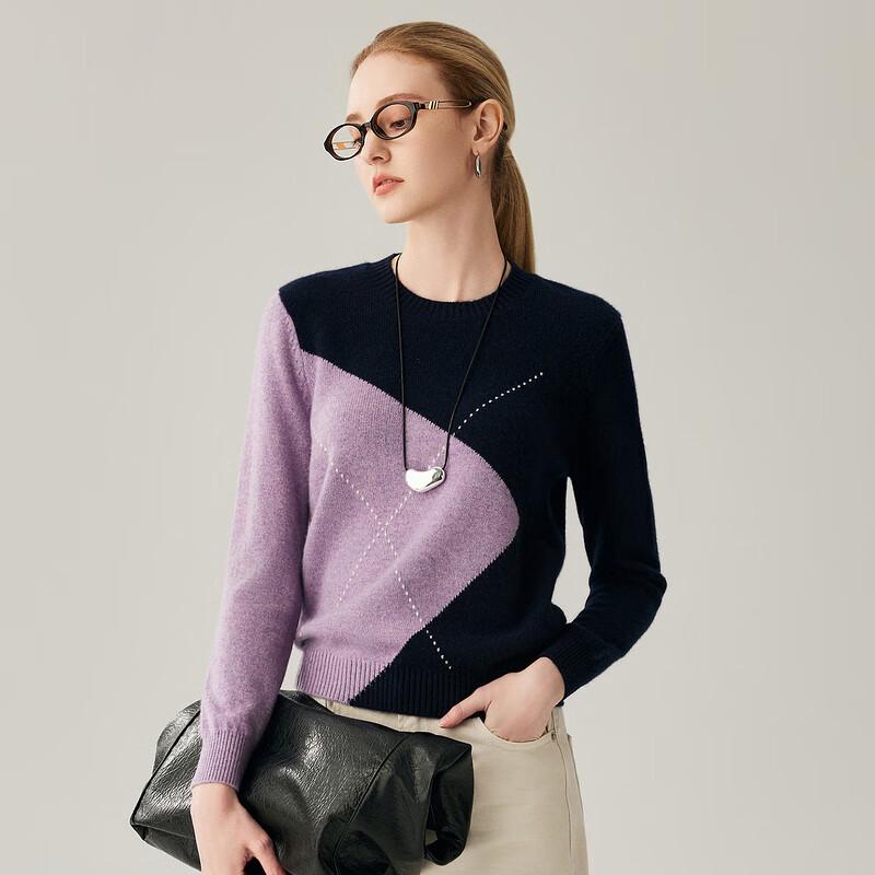 Zhaojun Women's 100% Cashmere Round Neck Color Block Knit Sweater