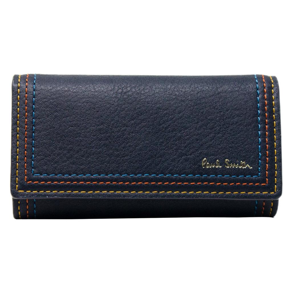 Paul Smith Striped Stitch Leather Key Case Paul Smith Genuine Leather Key Chain Name (Paul Smith) (No Engraved, Navy)