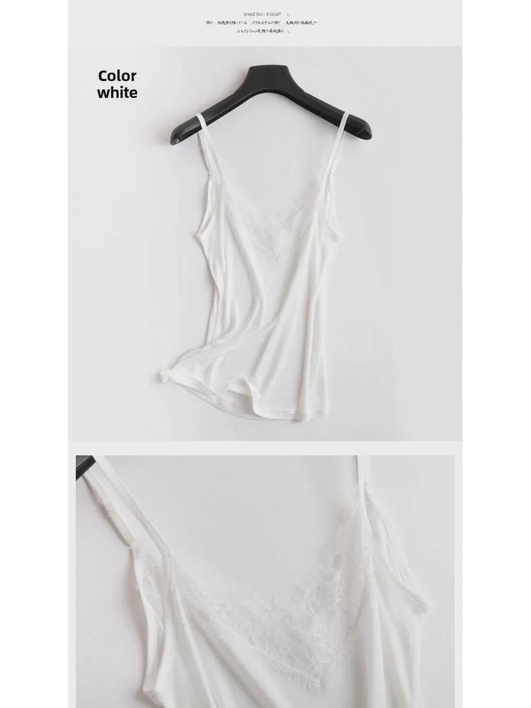 Tangge Maulbeerseide V-Ausschnitt Spitzen-Spaghettitop