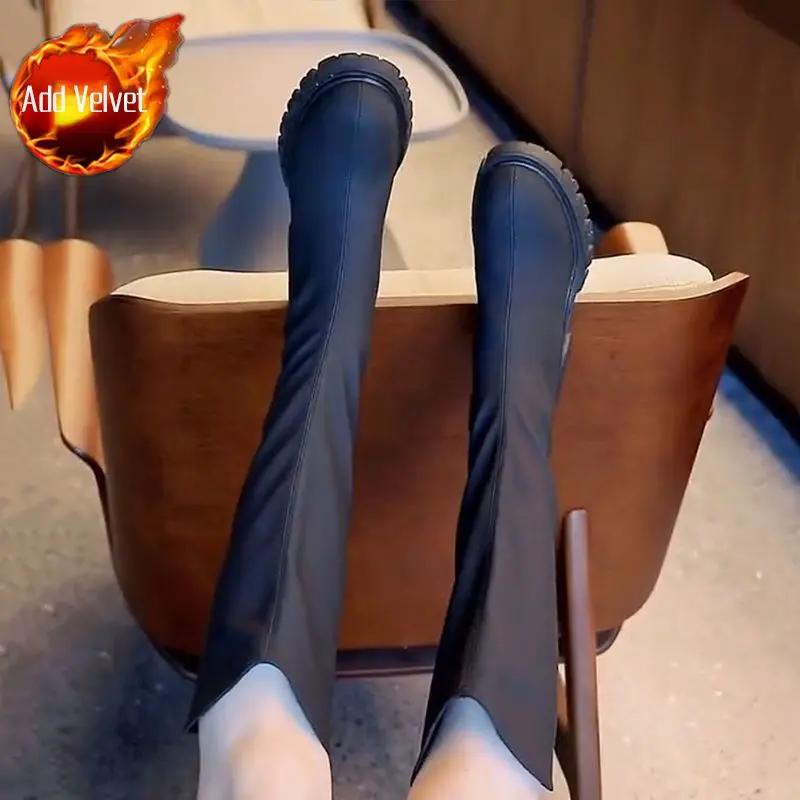 Footwear Elastic Shoes for Woman Winter Knee High Shaft Women's Boots Long Round Toe Black Platform Gyaru Waterproof Quality Pu