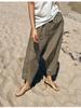 New Spring/Summer Textured Linen-Cotton Cropped Wide-Leg Pants with Elastic Waist and Pockets.