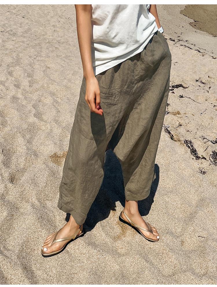 New Spring/Summer Textured Linen-Cotton Cropped Wide-Leg Pants with Elastic Waist and Pockets.