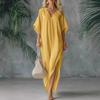 Women Cotton Linen Long Dress Batwing Short Sleeve V Neck Tunic Dress Summer High Slit Flowy Beach Sundress