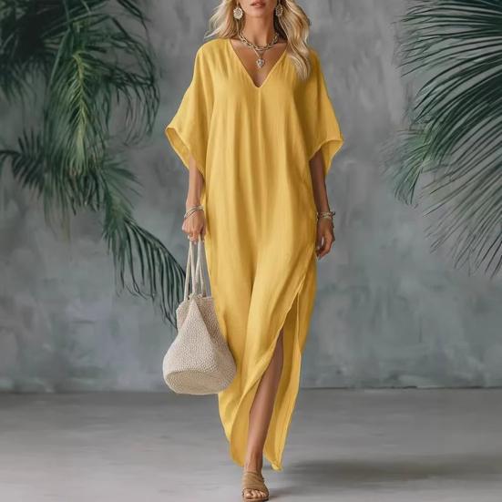 Women Cotton Linen Long Dress Batwing Short Sleeve V Neck Tunic Dress Summer High Slit Flowy Beach Sundress