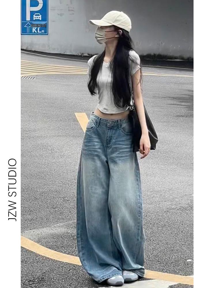 

American Light Blue High-Waisted Wide-Leg Ripped Jeans for Women - 2024 Autumn Floor-Length Straight Style with Scratched Design. XL
