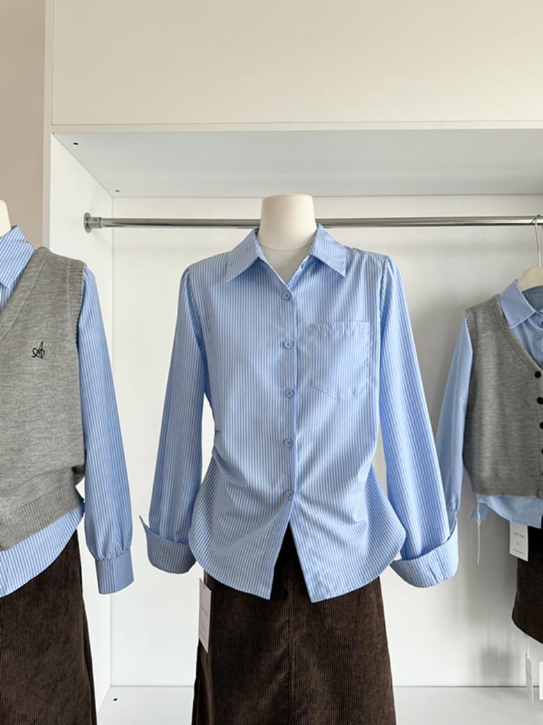 Korean Style Aura: Versatile Blue Striped Pleated Shirt with Cinched Waist Small