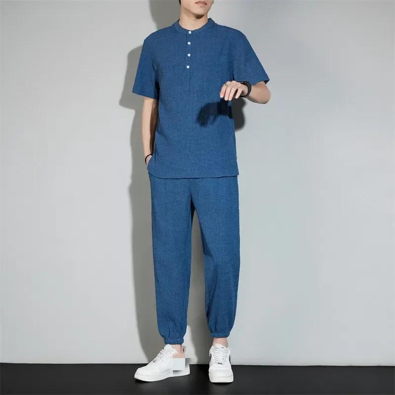 

Мужские повседневные комплекты 2 предмета Мужская плиссированная хлопково-льняная футболка + брюки Комплект из ледяного шелка Мужской комплект из двух предметов 2025 Весна Лето 5XL темно-синий