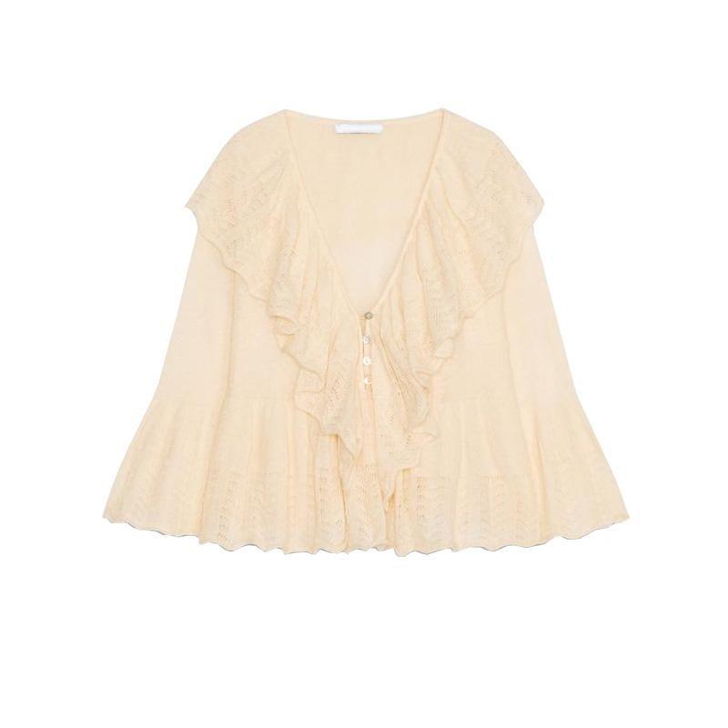 Spring New Women's Clothing Casual Style Laminated Decoration Elegant V-neck Simple Thin Knitwear 3456101