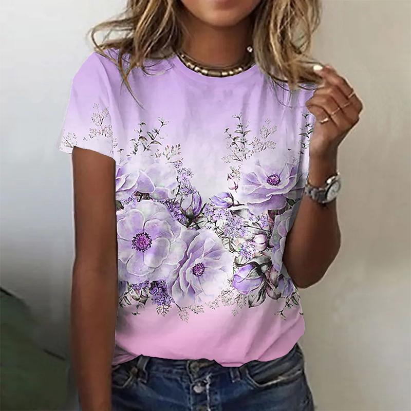 Women Summer T Shirt Trend Flower Print Retro Fashion Short Sleeve Tees Casual   Printed  Tops