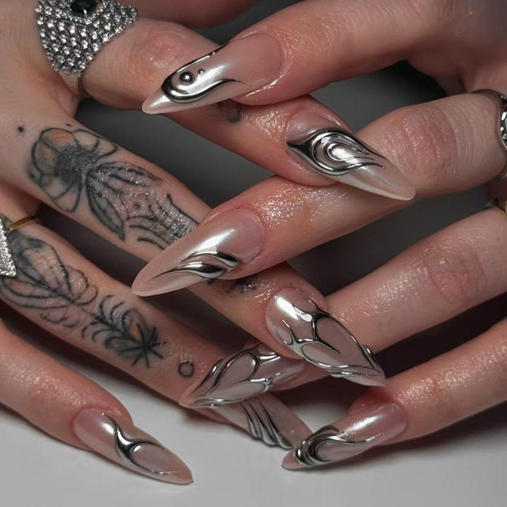 24Pcs Long French Flame False Nails Dark Star Moon Almond Stiletto Ballerina False Nails Press on Nails Fake Nails DIY Manicure