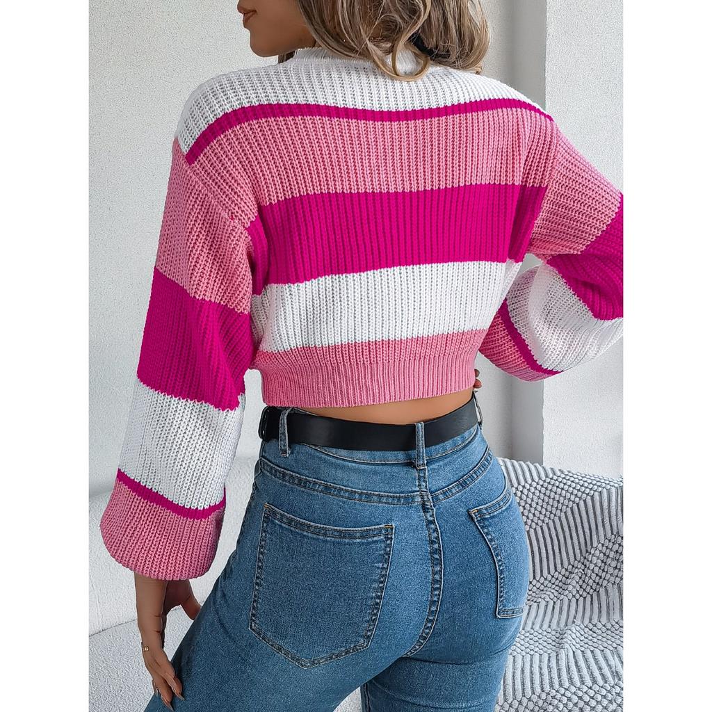 HNXC Autumn and Winter Casual Multi-color Lantern Sleeve Pullover Crop Top Women's Sweater