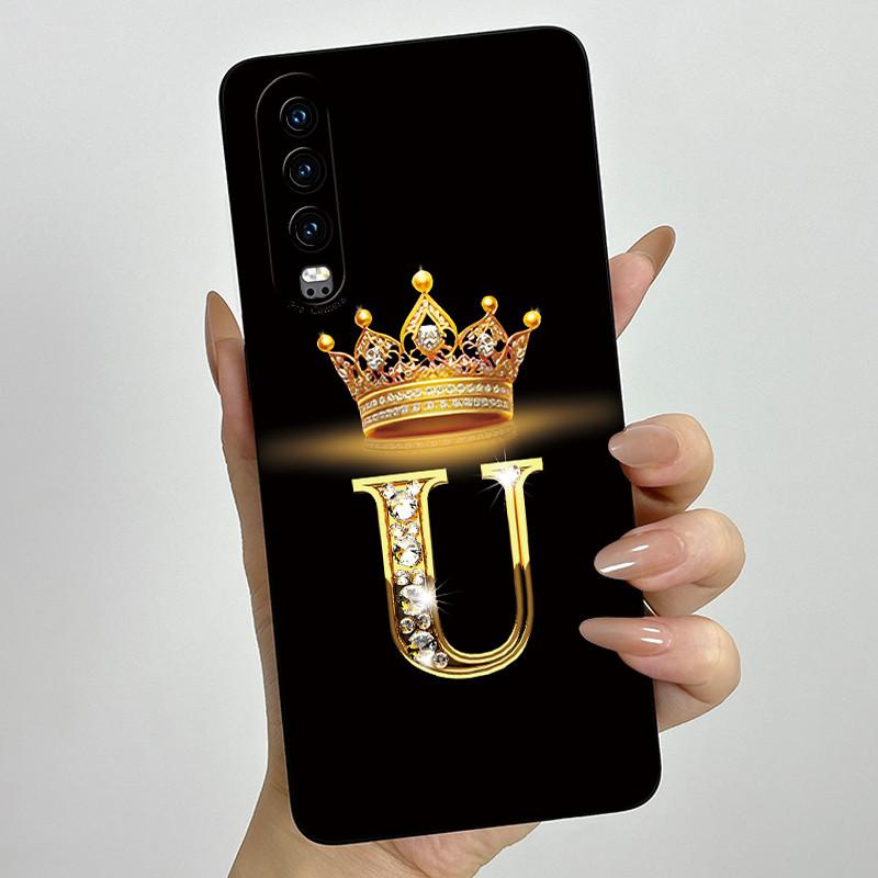 Back Cover For Huawei P30 ELE-L29 P 30 Pro VOG-L29 Crown Initial Letter Phone Case Liquid Soft Silicone Lens Protective Casing