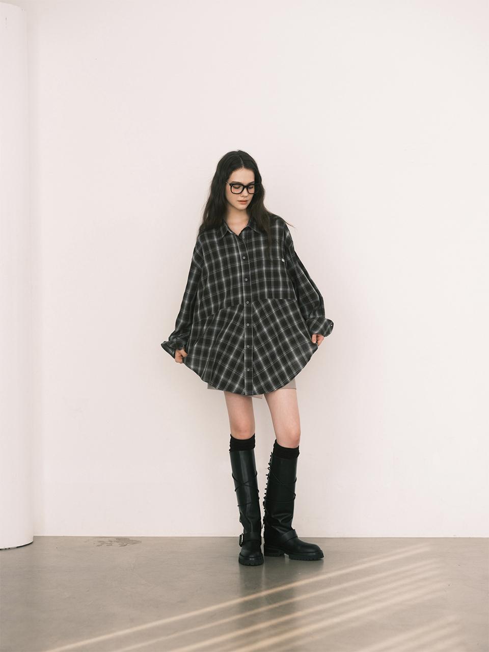 Non Search Asymmetrical Madras Check Shirt/Brown Color/Free