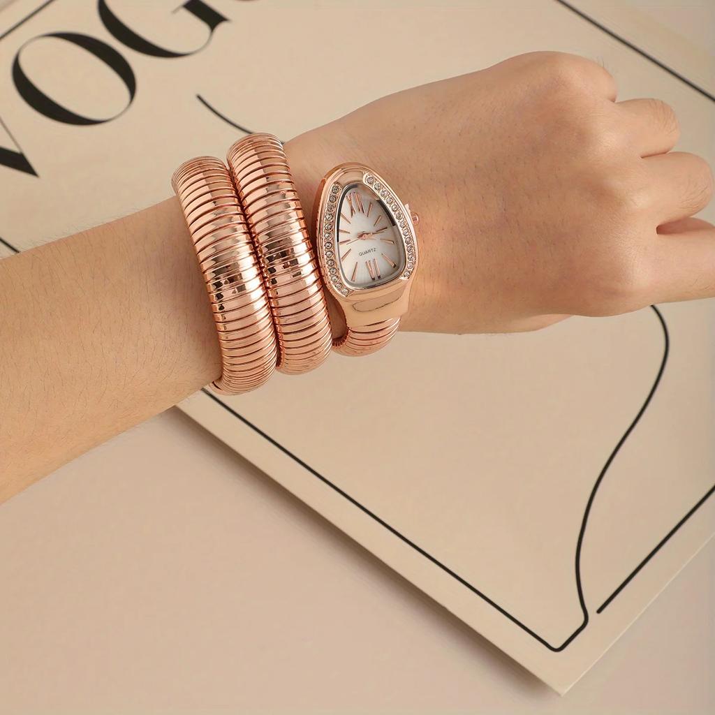 Elegant Snake-Shaped Quartz Wrist Watch for Women-Flexible Spring Band, Fashion Accessory, Snake Motif Design, Embellished Band