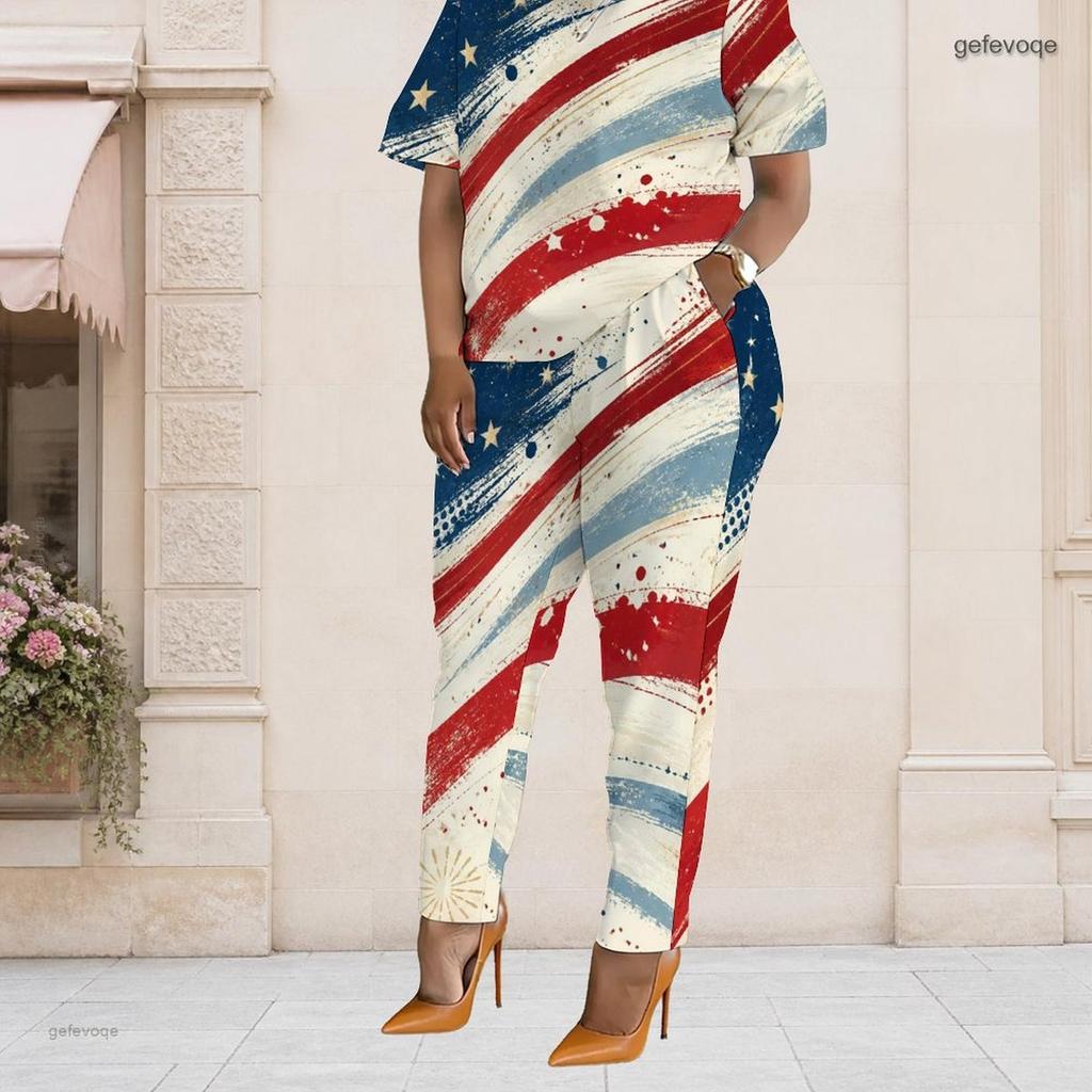 Women Plus Size Two Piece Set Short Sleeve Top Pocket Pants Star Stripe Patriotic Print Outfit