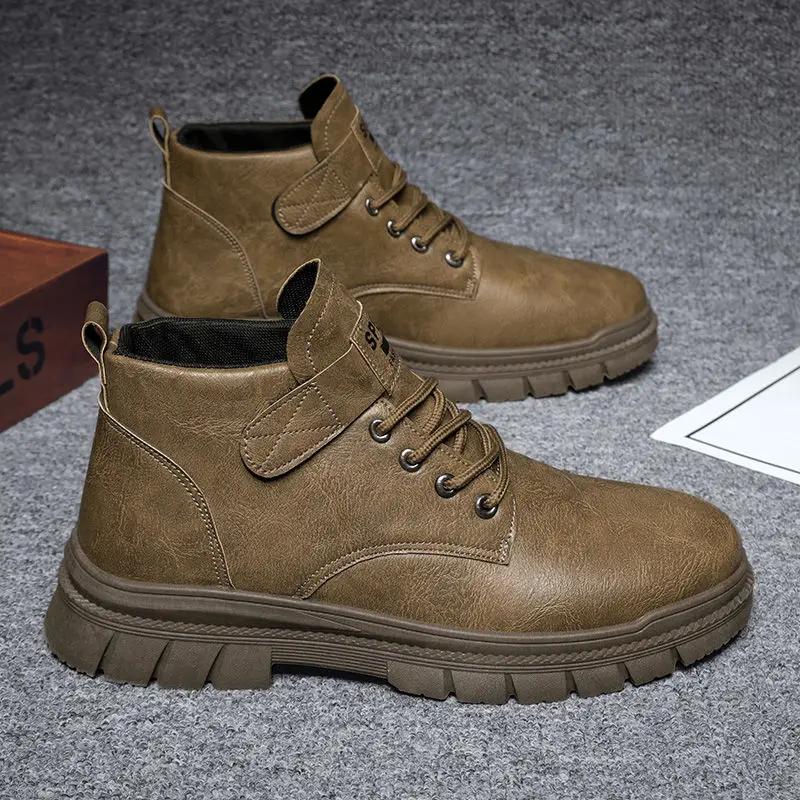 

Fashion Solid Color Thick Sole Non Slip and Waterproof Man Casual Boots Platform Adults Free Delivery Shipping Pu Leather Shoes for Men 44