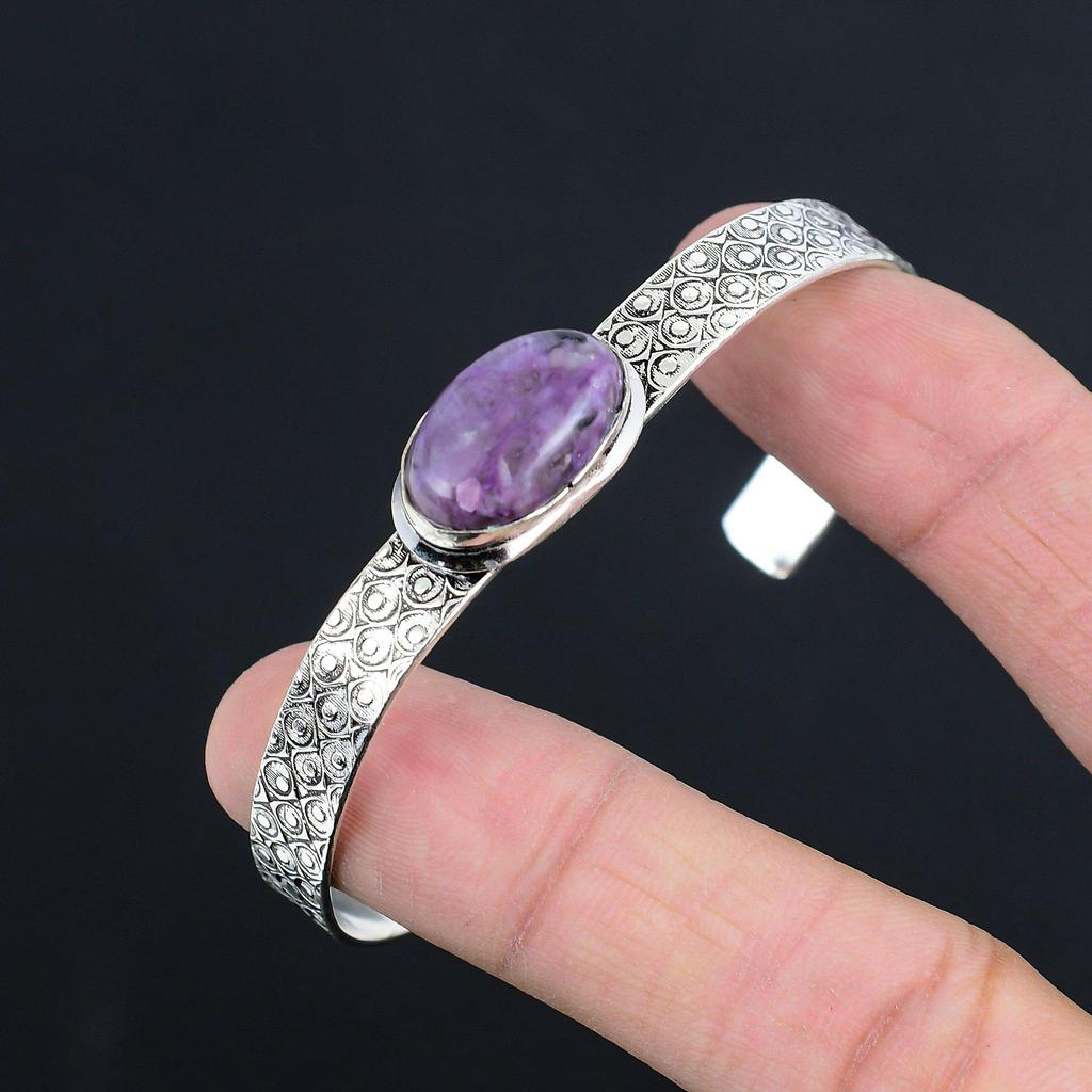 Halloween Sale Sterling Silver Oval Natural Charoite Wedding Boho Bangle Jewelry
