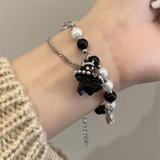 Women Bracelet Cartoon Ghost Pendant Imitation Pearls Color Matching Adjustable with Extended Chain Halloween Gift Wrist Jewelry