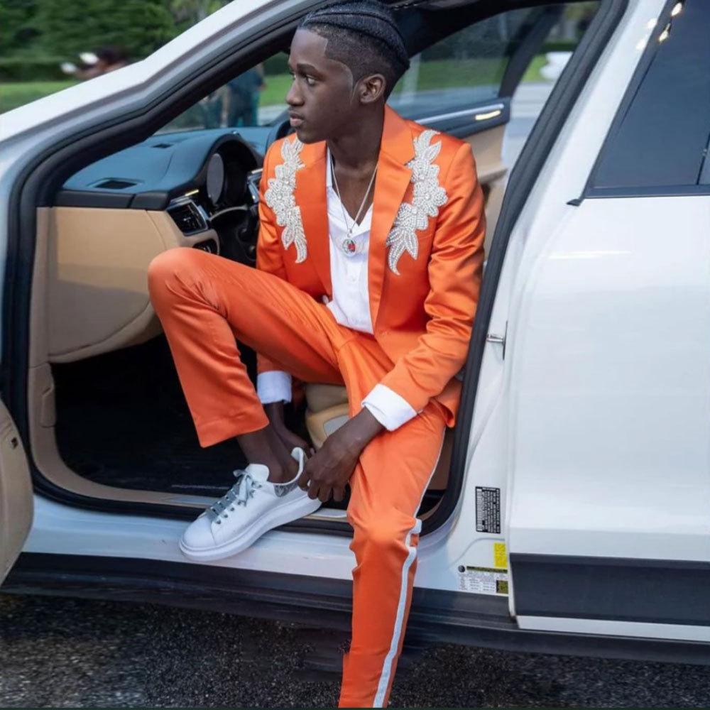 Classic Men Suits 2 Pcs Slim Fit Jacket Pants Notched Lapel Single Breasted Appliques Groom Tuxedos Formal Party Prom