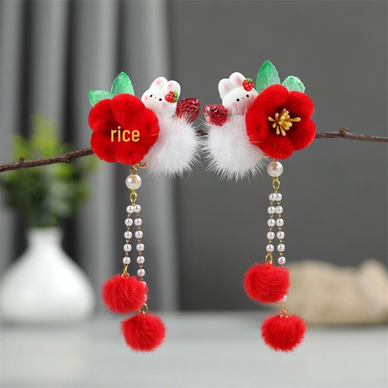 Red New Year Hanfu Hair Clips for Girls - Chinese Style Floral Headwear