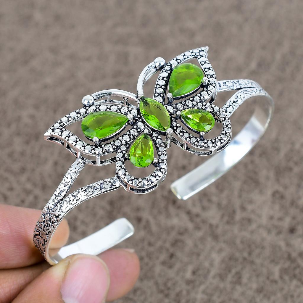 Peridot Gemstone Handmade 925 Sterling Silver Cuff Bangle Adjustable KKG-101
