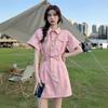 Spring and Summer New Twill High-end Niche Design Short-sleeved Dress Women's Chic Waist A-shaped Short Skirt