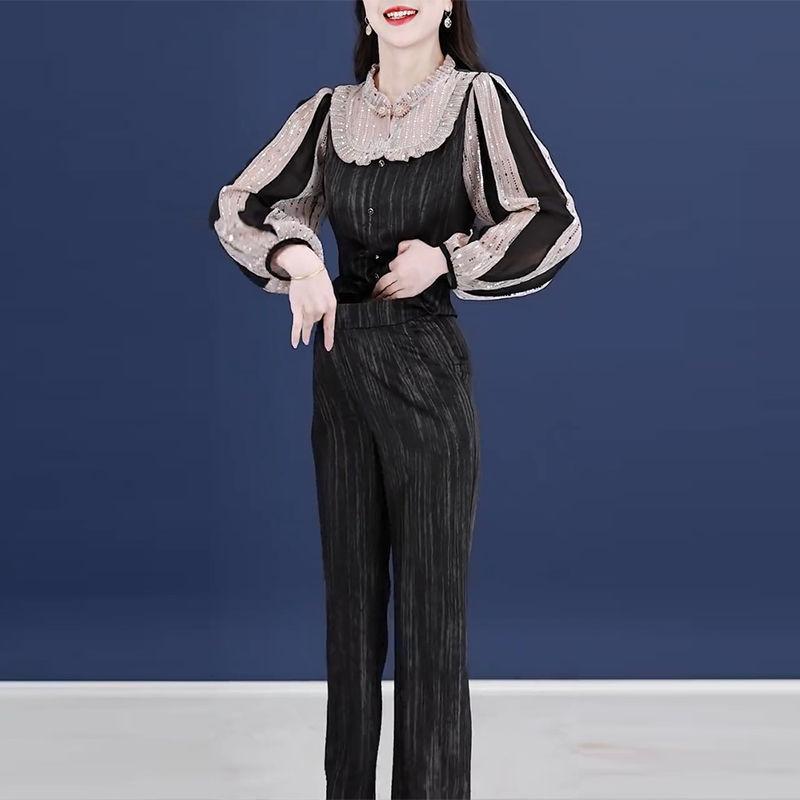 

Весна 2025 Роскошный Повседневный Комплект для Мамы: Топ с Утягивающим Эффектом на Талии и Брюки Широкого Кроя 2XL (125-135 jin)