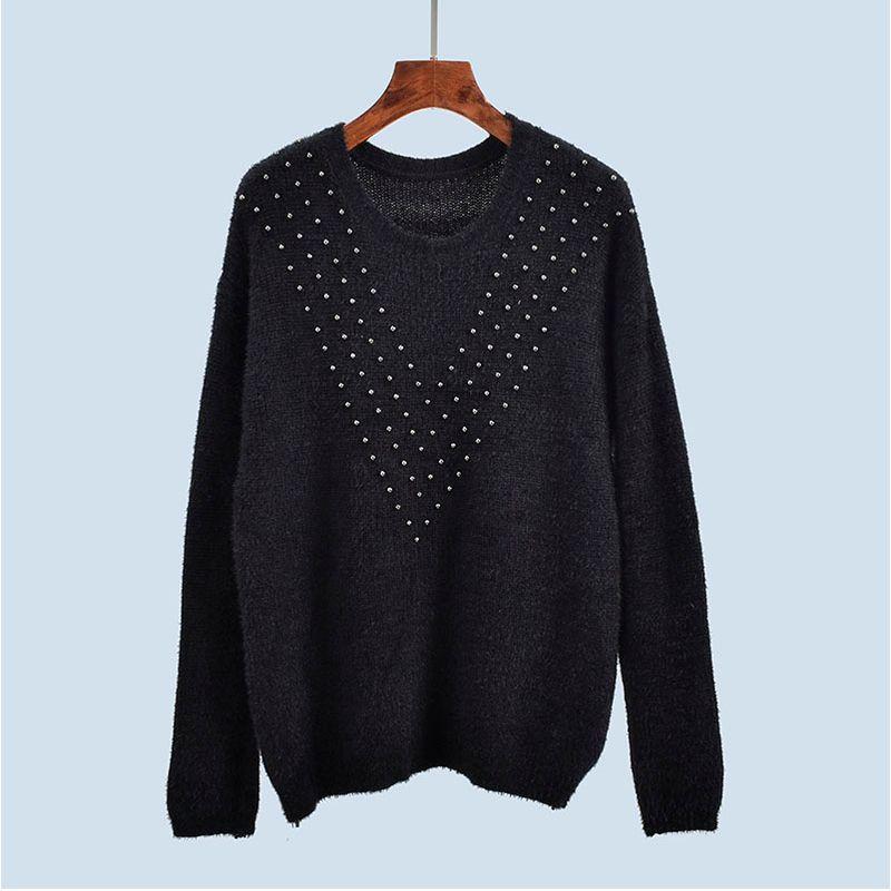 Spring & Fall round Neck Bead Imitation Mink Hair Long Sleeves Easiest for Match Knitting Pure Color Loose and Lazy Style Women's Soft Glutinous Tops