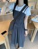 Women's 2024 Summer Sweet Color Block Short Sleeve High Waist Midi Dress Set