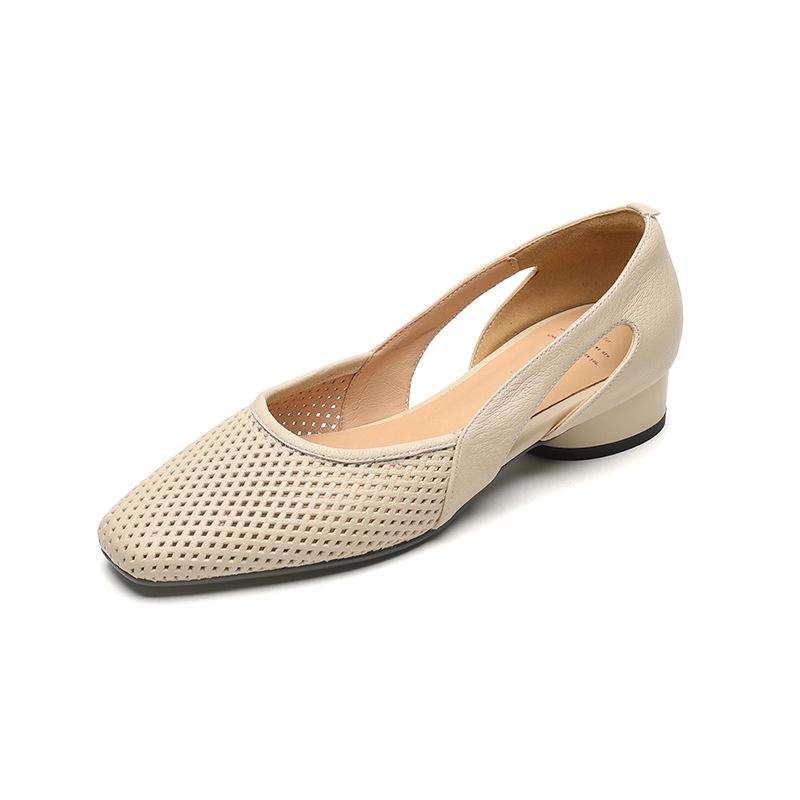 2025 spring and summer new versatile niche hollow hole single shoes explosion low heel soft leather square head explosion soft sole women's shoes