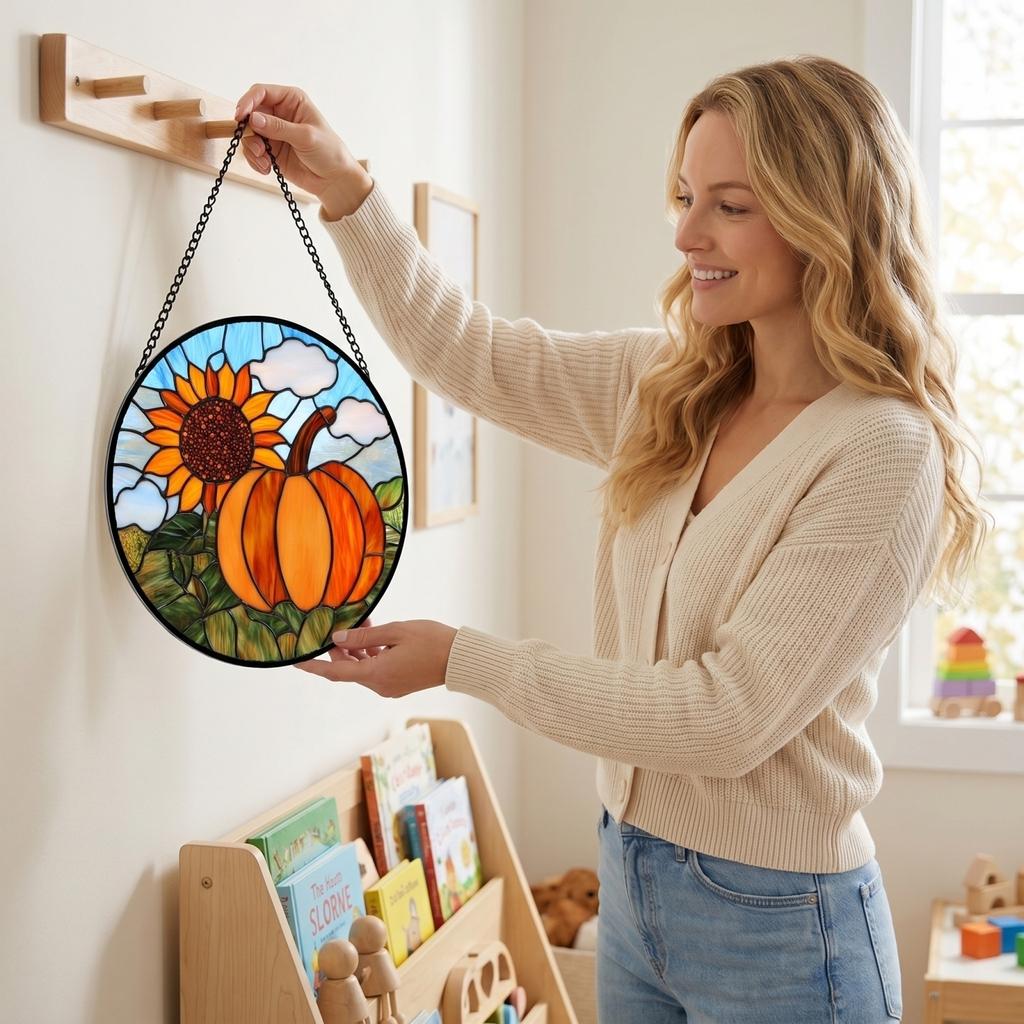 Rond Acryl Hangend Ornament Stained Glass Stijl Pompoen Zonnebloem Ontwerp Raamdecoratie met Metalen Ketting voor Binnen Buiten Gebruik