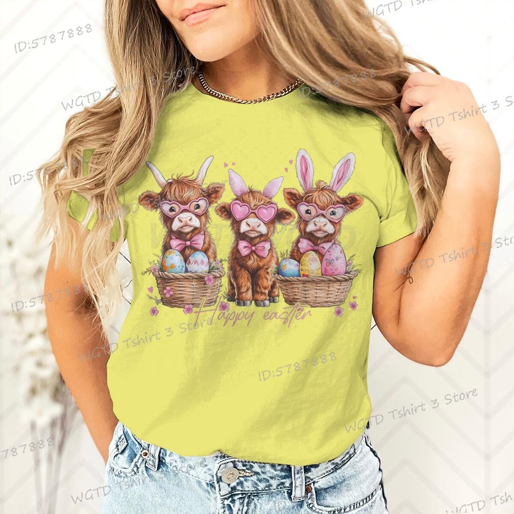 Happy Easter Day T-shirt Female Easter Cute Highland Cow Graphic T Shirts Women Cute Cow Gift for Women Retro Easter Vibes Shirt