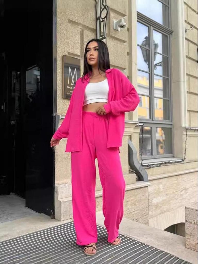 European and American Style 2024 Autumn Solid Color Two-Piece Set: Lapel Shirt & Casual Pants