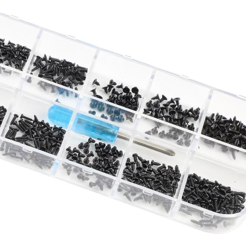 Black KA Mixed Self-Tapping Screw Set: Cross Countersunk, Flat, Round, and Pan Head