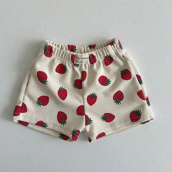 Korean Spring Toddler Waffle Strawberry Two-Piece Set: Striped Top & Shorts