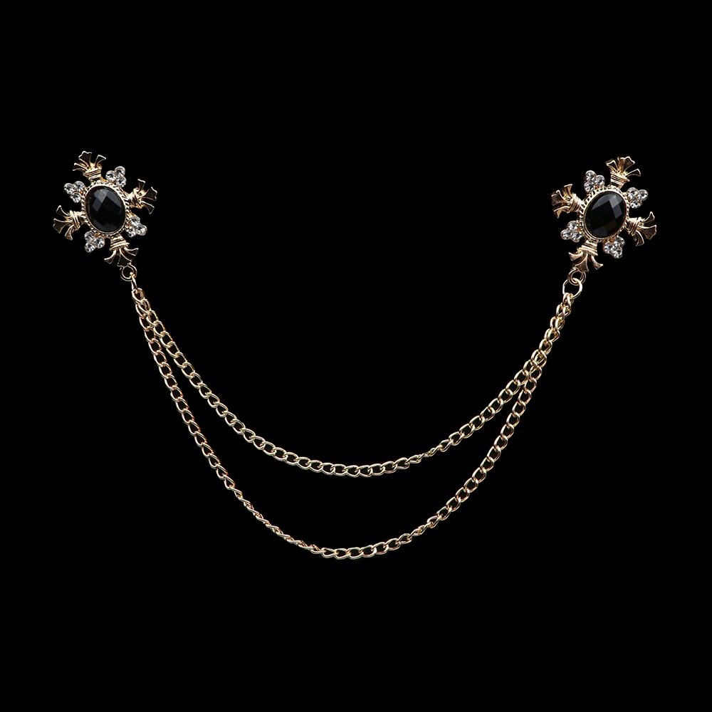 Fashion Gentleman Tassel Brooch For Men Suit Shirt Collar Crystal Cross Chain Lapel Pin Rhinestone Retro Wedding Accessories