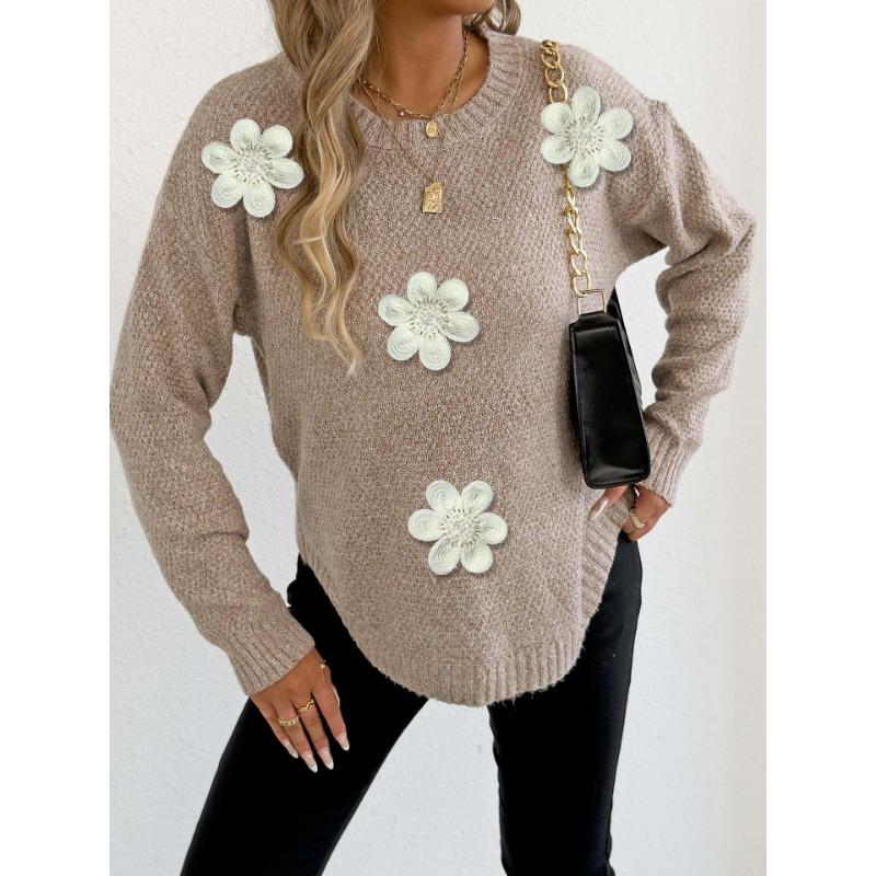 Women S Knit Sweater Embroidered Beaded Floral Patch Crew Neck Pullover