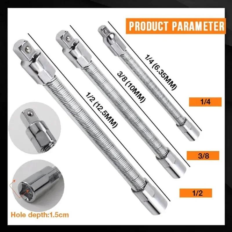 Wrench Sleeve Extension Rod Socket Wrenches, Drive Head Bendable 1/4 3/8 1/2 Drive Flexible Socket Extension Bar Ad