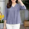 ZANZEA Women Casual V-Neck 3/4 Sleeve Loose Stripe Blouse